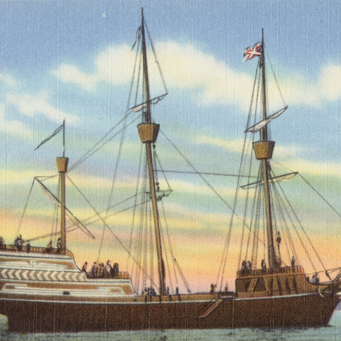 This postcard depicts a recreation of the Arbella, the ship that carried John Winthrop and his fellow Puritans to present-day Massachusetts.