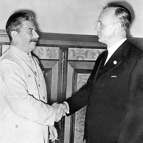 Nazi Germany’s Minister of Foreign Affairs Joachim von Ribbentrop with Soviet Premier Josef Stalin at the Kremlin in August 1939.