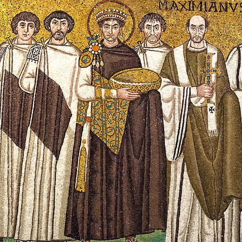 Mosaics from the apse in the Basilica of San Vitale, Ravenna. Justinian is the figure in the center. The mosaics were completed in 547 CE.