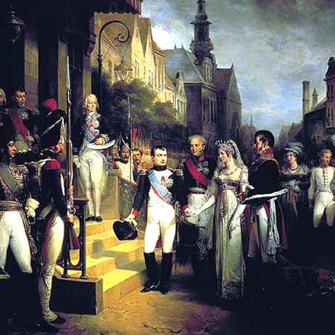 Napoleon, Tsar Alexander I of Russia, and King Frederick William III and Queen Louise of Prussia in Tilsit.
