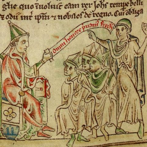 A manuscript image of Pope Innocent IV excommunicating Emperor Frederick II at the Council of Lyon.