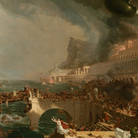 The Course of Empire: Destruction, Painted by Thomas Cole, depicts a highly dramatic, catastrophic image of Rome's end.