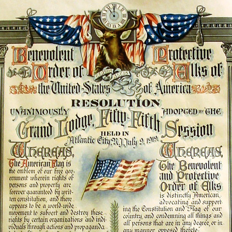 The Benevolent and Protective Order of Elks' declaration from Flag Day 1919 that forbade membership in the organization to anarchists, Industrial Workers of the World, Bolsheviks, and other organizations perceived as unpatriotic.