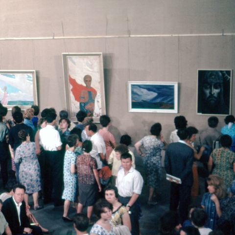 An art exhibition, probably in Moscow in 1964. Taken by Thomas T. Hammond during his travels in the Soviet Union.