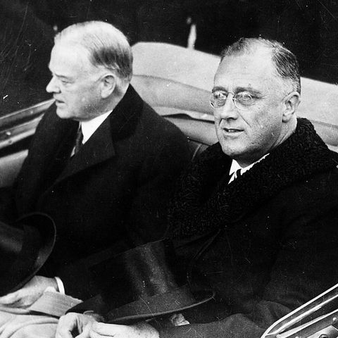 President Franklin D. Roosevelt and outgoing President Herbert Hoover on Inauguration Day in 1933.