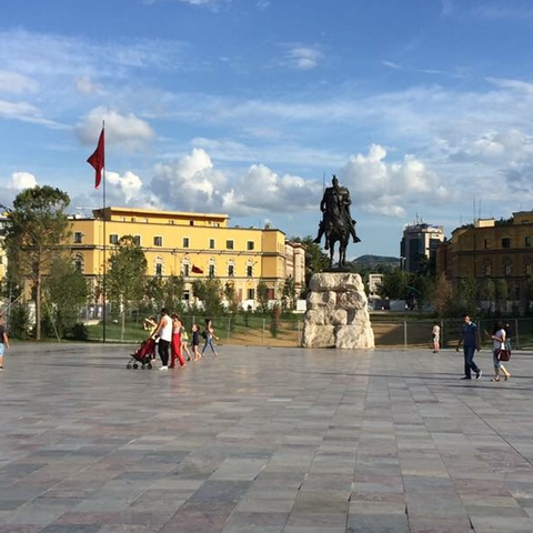 The colorful buildings of Tirana, viewed from the steps of the National Museum.