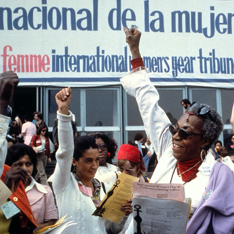 Florynce Rae Kennedy (center), a U.S. black feminist protesting outside The International Women’s Year Tribune (UN Photo by B. Lane).