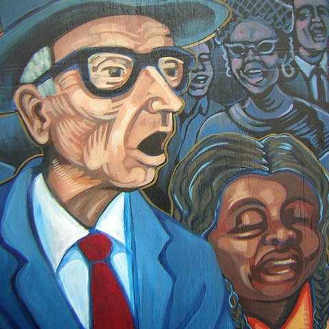 Close-up of the mural commemorating works of A.J. Muste on the War Resisters League Building in New York, New York.