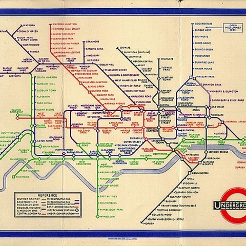 Harry Beck’s London Underground Railway map, designed in 1931 and released to the public in 1933.