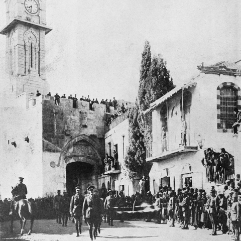 General Edmund Allenby entering Jerusalem on December 11, 1917. Allenby dismounted as a sign of respect for the holy city.