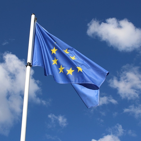 European Union flag fluttering in the wind.
