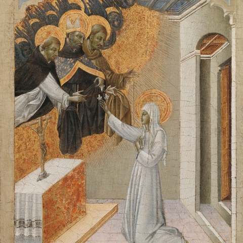 St. Catherine of Siena depicted on a wood panel.