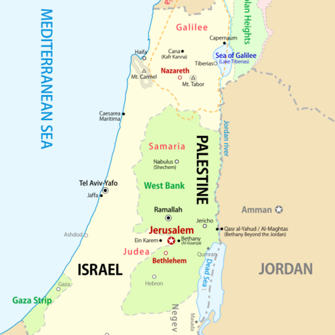 A map showing Israel and Palestine