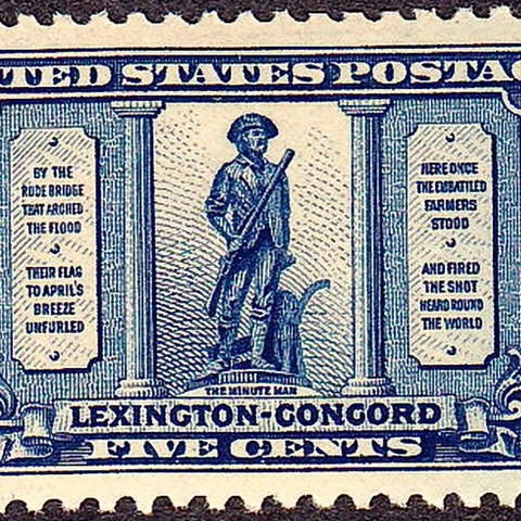 This stamp features the first stanza of Ralph Waldo Emerson's "Concord Hymn."