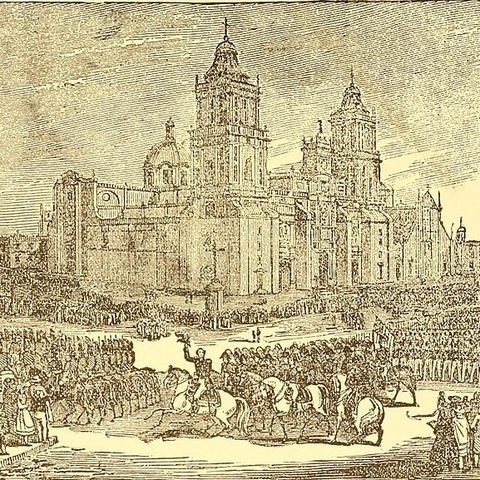 Depiction of General Scott capturing Mexico City during the Mexican-American War.
