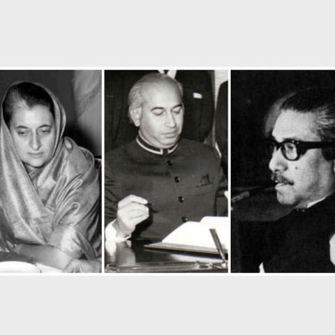 In order, India’s Indira Gandhi, Pakistan’s Zulfikar Ali Bhutto, and Bangladesh’s Mujibur Rahman