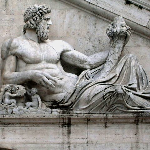 Roman representation of Tiber as a god (Tiberinus) with cornucopia at the Campidoglio, Rome.