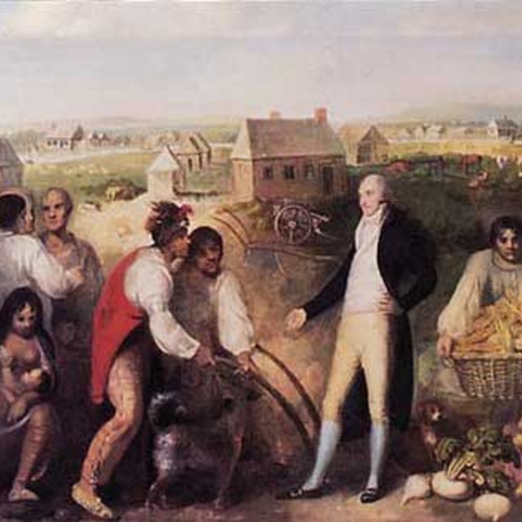 In this 1805 painting, the artist imagines American planter and Indian agent Benjamin Hawkins teaching Creeks to use a plow on his Georgia plantation.