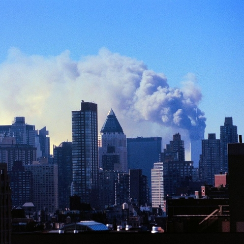 Photo of the World Trade Towers after the terrorist attack on September 11, 2001.