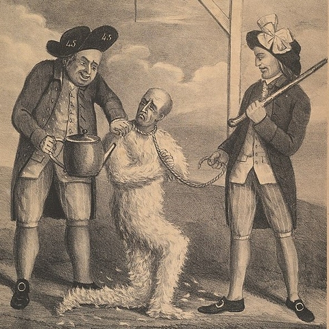 Print of a tar and feathering in Boston from1774.