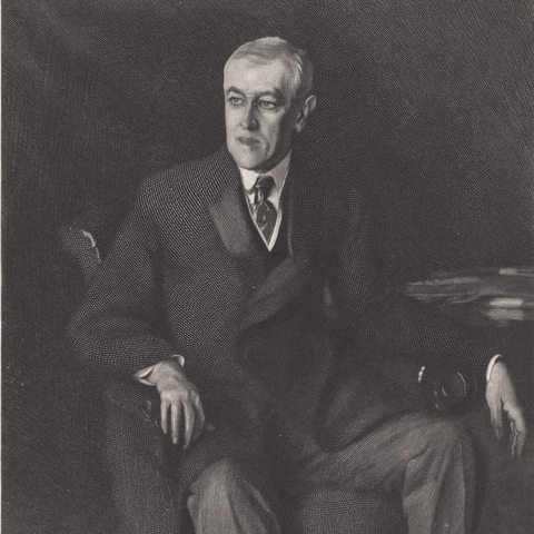 A wood engraving of President Woodrow Wilson from 1918.