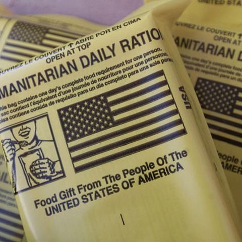 This photo shows Humanitarian Daily Rations (HDR), which was transported from bases in the U.S. and air dropped to regions of Afghanistan where the displaced people are at risk of starvation.