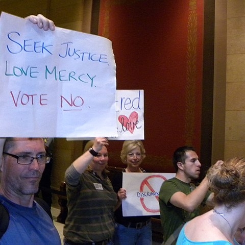 Protesters against the an anti-gay marriage amendment on the 2012 election ballot.