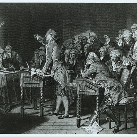 Patrick Henry Addressing the Virginia Assembly. Lithograph from the painting by A. Chappal. Engraved by H. B. Hall.