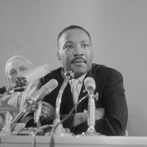 Dr. Martin Luther King, Jr. at a press conference in Holland in 1964.