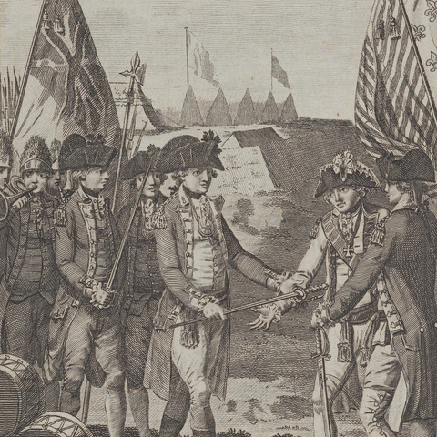 An engraving of Earl Cornwallis's surrender to George Washington during the American Revolution.