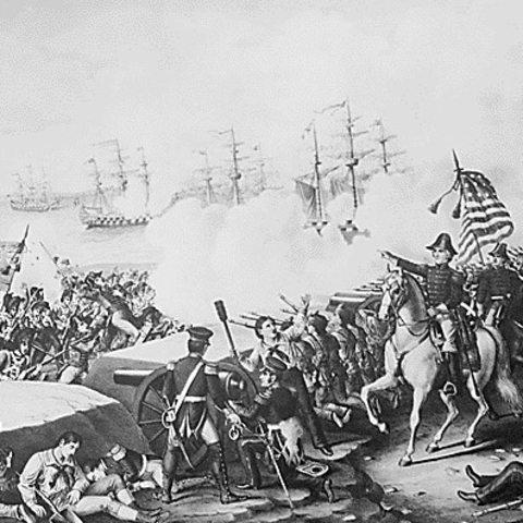 Copy of an 1890 lithograph depicting the Battle of New Orleans during the Revolutionary War.