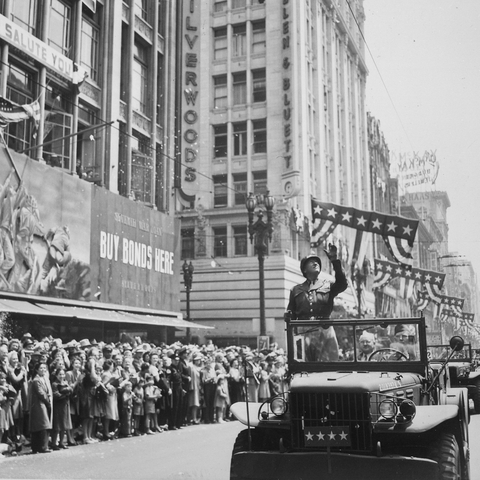 General George S. Patton waving to crowds in Los Angeles, California in 1945.