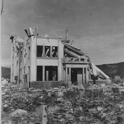 Atomic bomb damage on Hiroshima gas building.