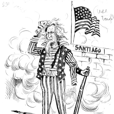 Cartoonist Clifford Berryman depicts Uncle Sam after a hard-won U.S. victory in Santiago Bay, Cuba during the Spanish-American War.