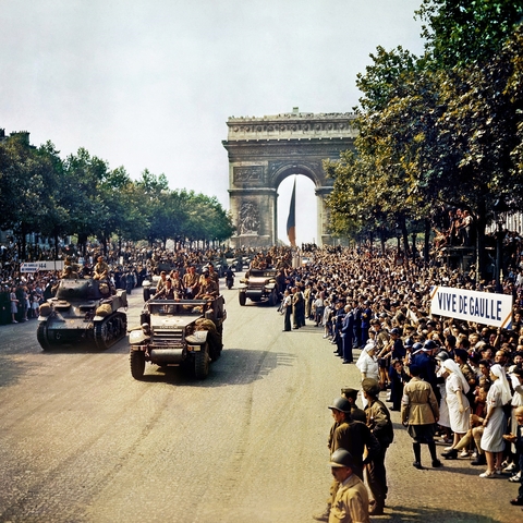 The Champs Elysees crowded with French patriots after the liberation of Paris in 1944.