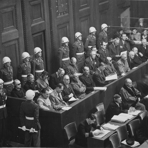 The defendants in the dock at the International Military Tribunal. They were organized in the dock according to the importance of their positions in the Nazi leadership.