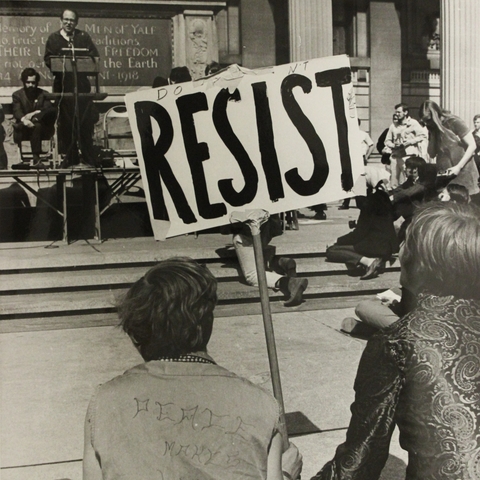 Poster that says, "Resist," at a Yale University anti-draft rally in 1968.