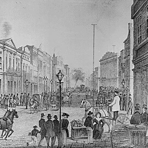 19th century engraving showing Wall Street from the corner of Broad Street.