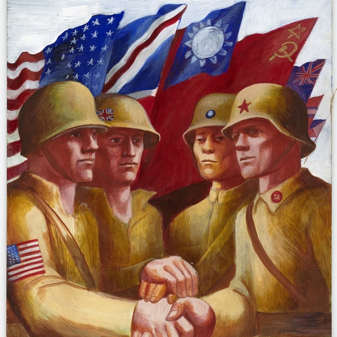 World War II poster of American, British, Chinese, and Russian soldiers shaking hands.