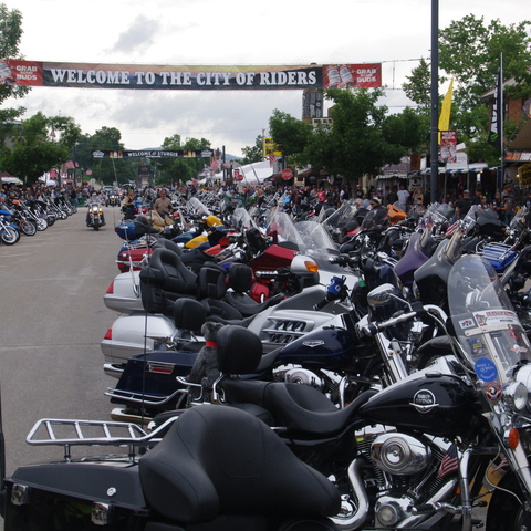 Motorcycles lined up on Main St. in Sturgis, South Dakota, 2014.