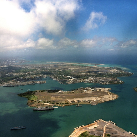 Seen in 1986 with Ford Island in center. The USS Arizona Memorial is the small white dot on the left side above Ford Island.