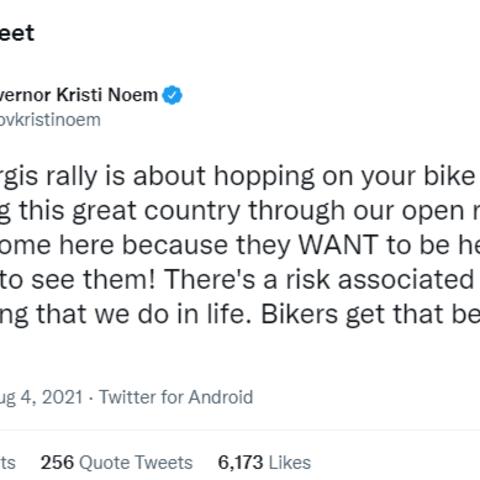 A tweet from South Dakota Governor Kristi Noem encouraging bikers to attend the 2021 motorcycle rally despite the risk posed by COVID-19. 
