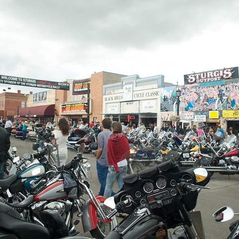 This image of the 2010 motorcycle rally shows the corporate sponsor Sony displayed on a banner over Main Street.