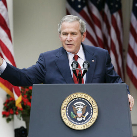 President Bush makes remarks in 2006 during a press conference in the Rose Garden about Iran's nuclear ambitions and discusses North Korea's nuclear test.