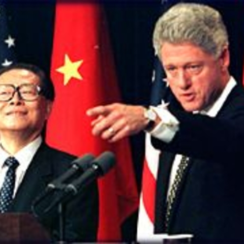 US president Bill Clinton and Chinese leader Jiang Zemin holding a joint press conference at the White House, October 29, 1997