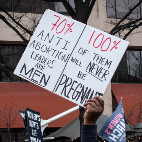 A sign from a DC Women's March that reads, "70% anti-abortion leaders are men; 100% of them will never be pregnant."