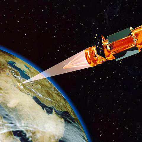 A vision for the future of the US Space Command for 2020: a space-based high-energy laser destroys a terrestrial target.