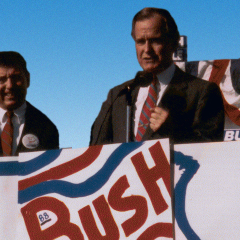 George H. W. Bush Speaking in St. Louis, 1988. Behind him is Missouri Governor John Ashcroft.
