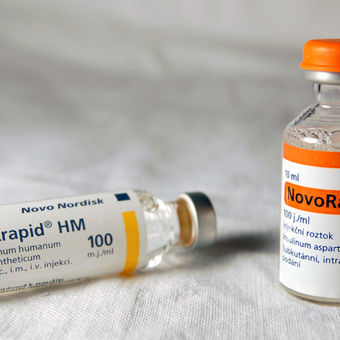 Two vials of modern insulin named Actrapid (left) and NovoRapid (right) by the manufacturers.