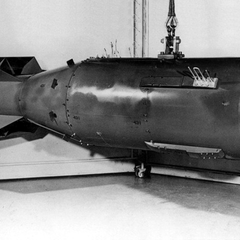 Photograph of a mock-up of the Little Boy nuclear weapon dropped on Hiroshima, Japan, in August 1945. This was the first photograph of the Little Boy bomb casing to ever be released by the U.S. government (it was declassified in 1960).